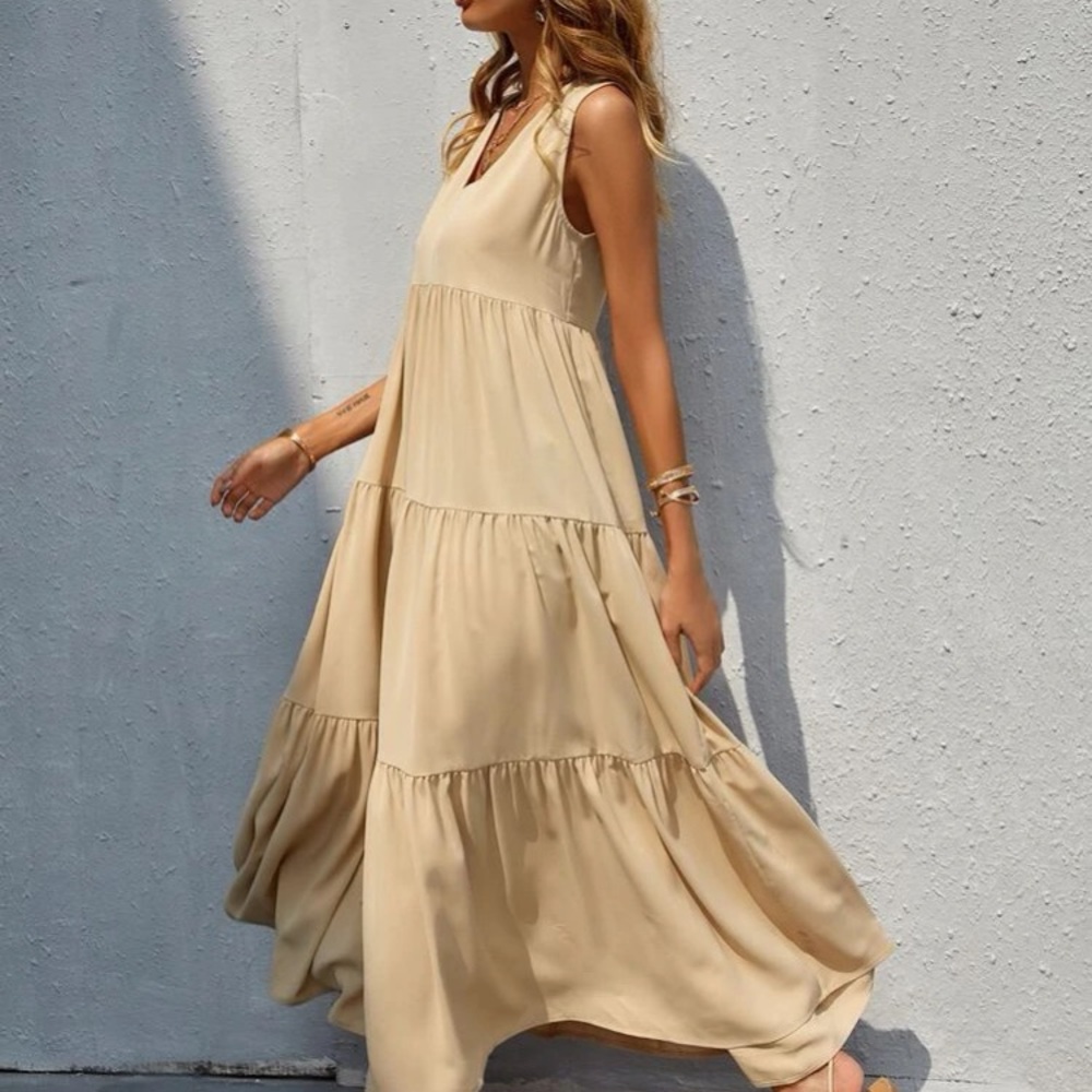 Boho V neck ruffle hem maxi dress khaki - Picture 4 of 5